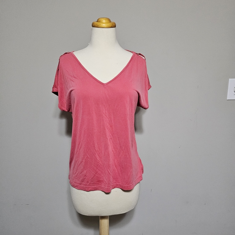 Lucky Brand Pink V-Neck Button Sleeve Tee Medium